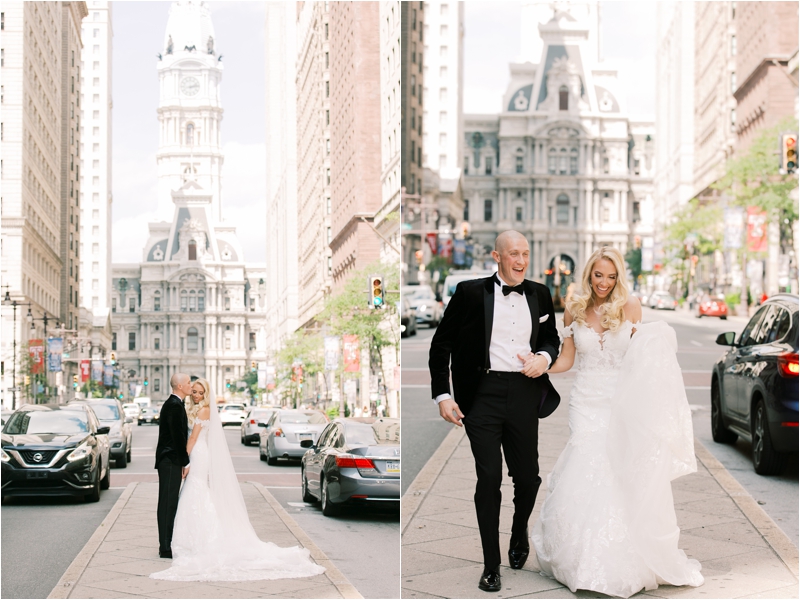 newlyweds walk down street in Philadelphia PA