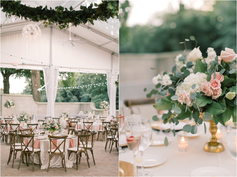 elegant Curtis Arboretum wedding reception with blush and champagne florals