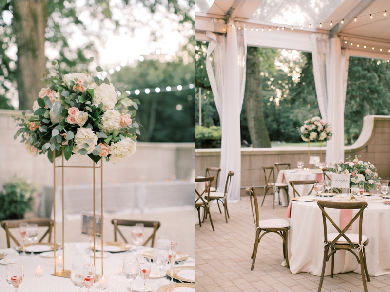 tented wedding reception with blush and champagne details