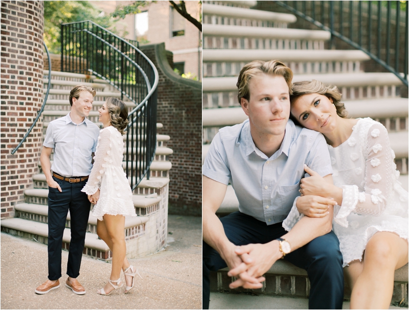 engaged couple poses on staircase during Downtown Lancaster engagement session