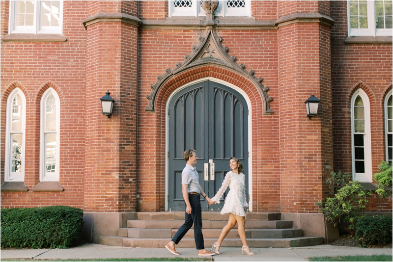 Downtown Lancaster engagement session by brick building
