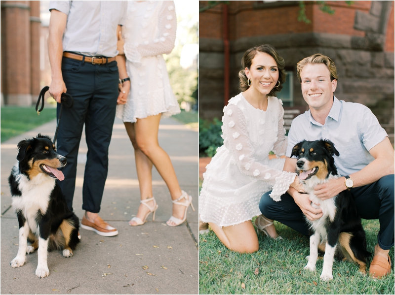 engaged couple poses with Australian Shepard in Downtown Lancaster