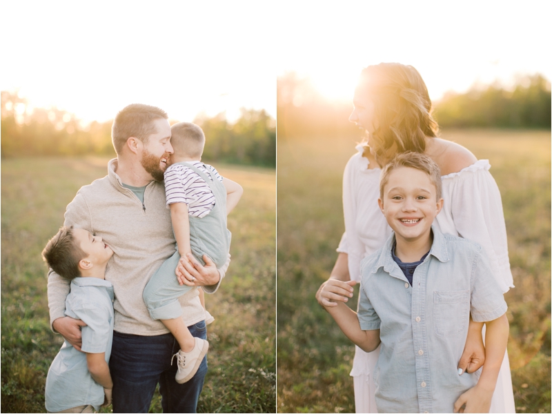 family portraits on farm at sunset with boys hugging parents