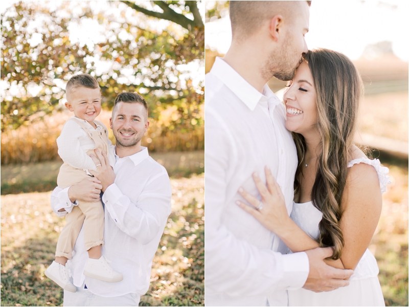 parents hold toddler son and hug during family photos in PA