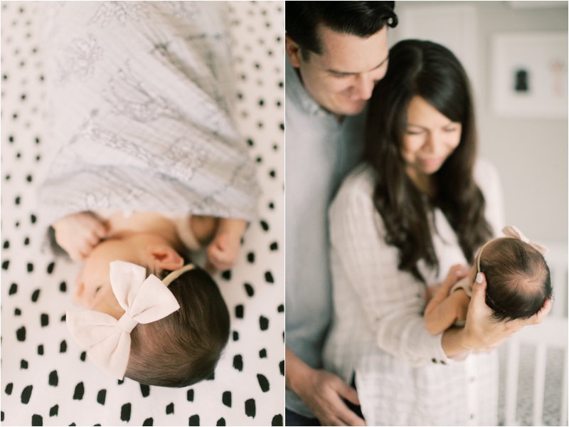 stylish Downtown Lancaster newborn session with baby girl on spotted sheets