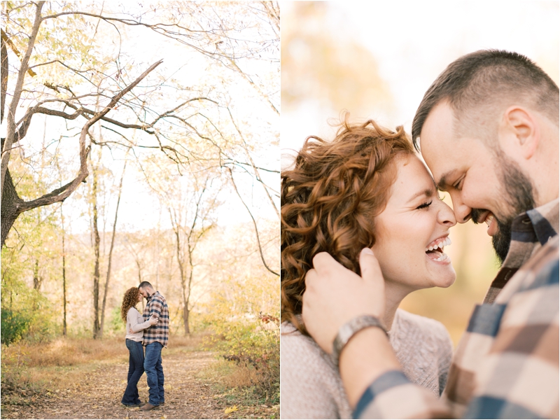 couple poses on path in woods during PA farm engagement session