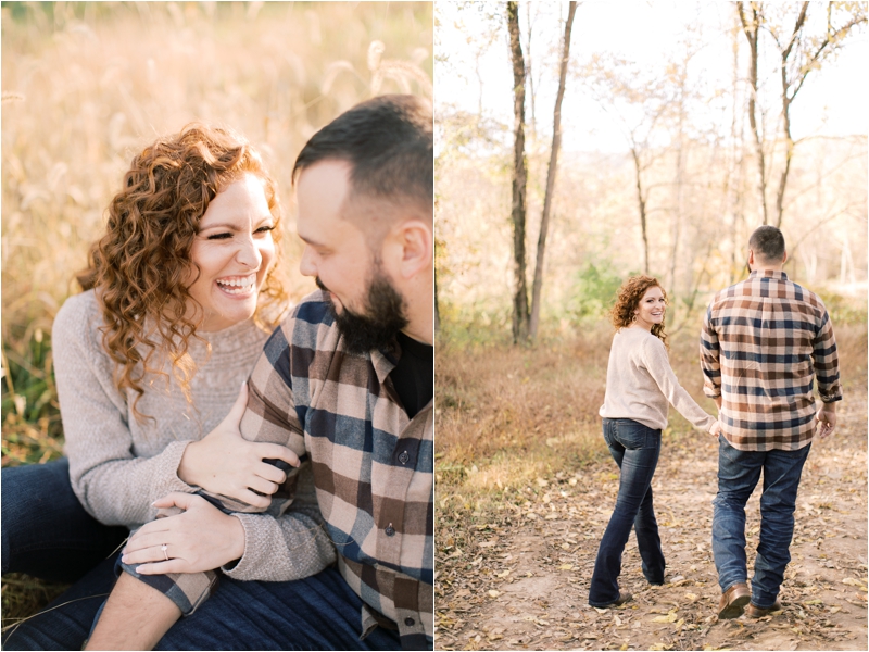 couple laughs together during farm engagement session
