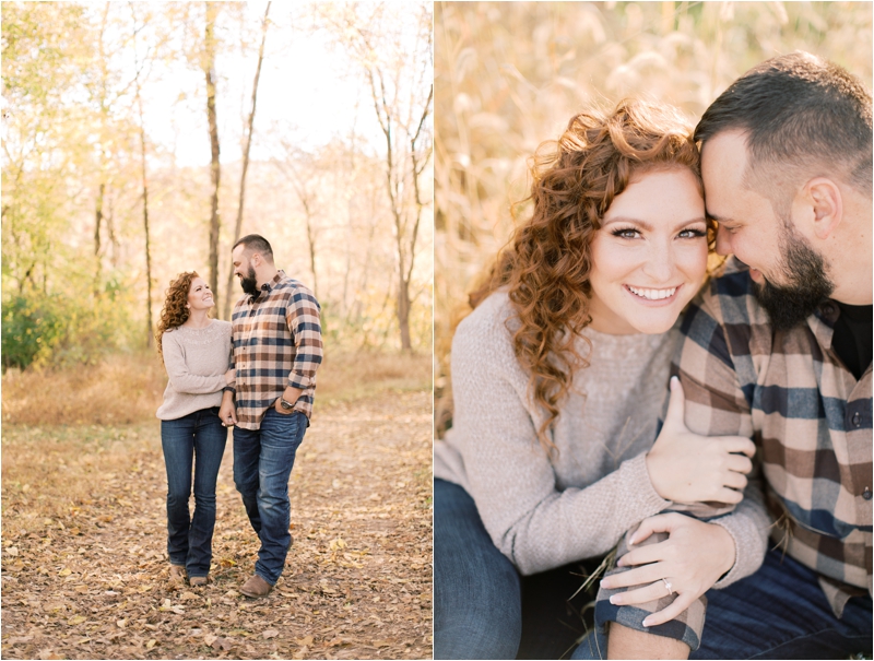 bride leans on groom's arm during cozy fall engagement photos