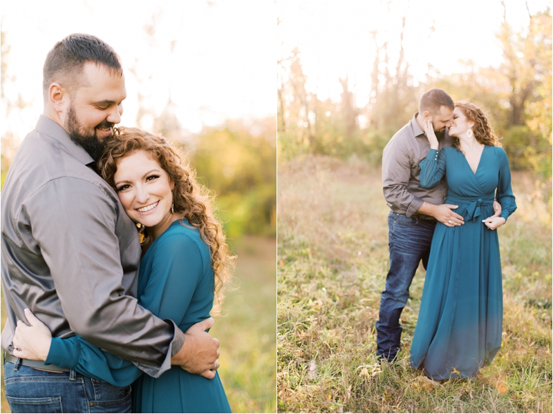 fall farm engagement session with couple posing in field