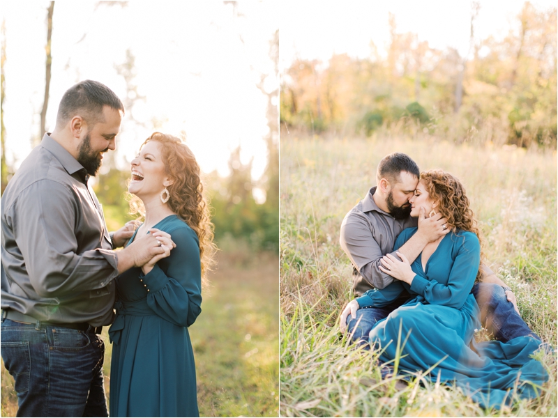 bride in teal gown snuggles with fiance during fall farm engagement session