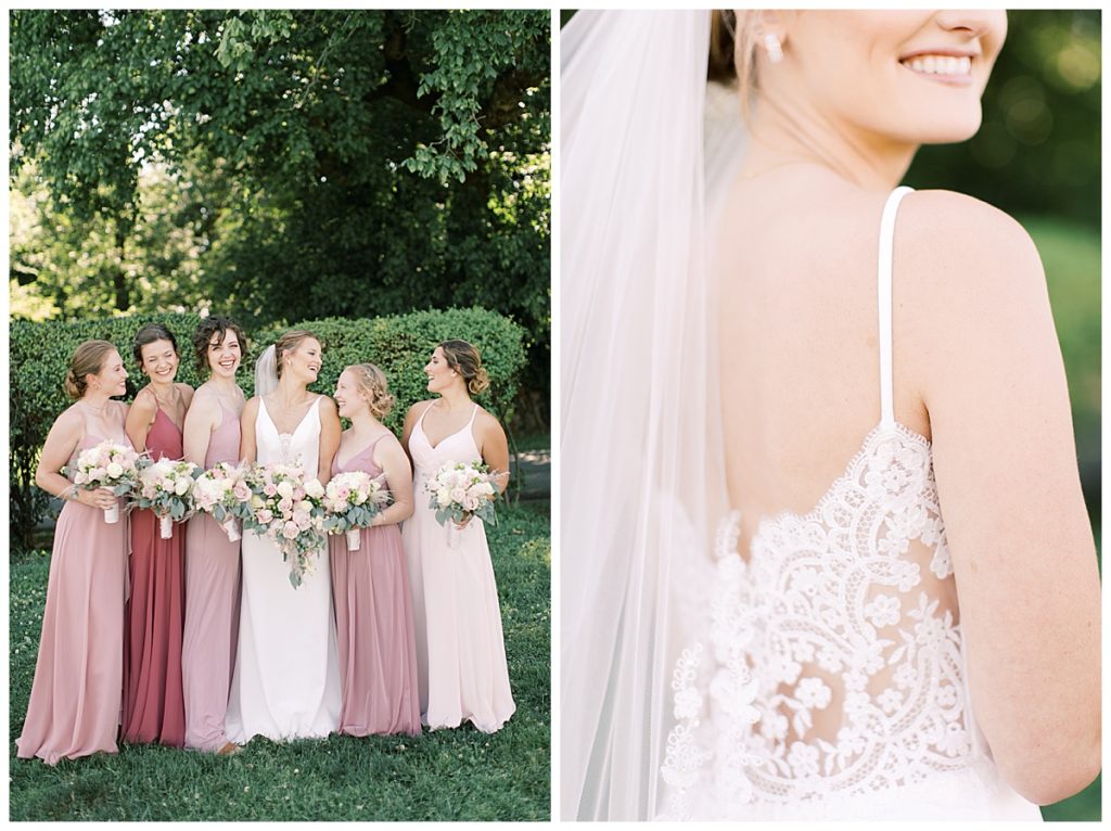different colored bridesmaid dresses. pink color scheme 