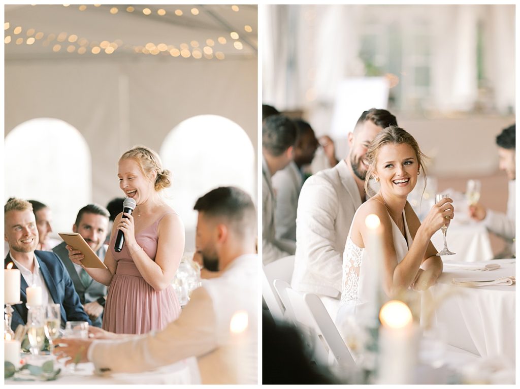 bride enjoying glass of champagne and smiling while bridesmaids give speechs.