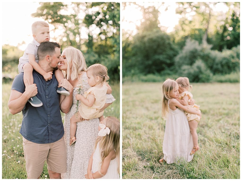 Sibling photos in Family sessions. Kissing picture of mom and dad during family session.